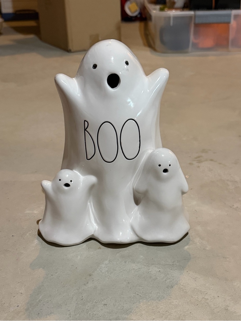 White Ceramic 'BOO' Ghost Trio Halloween Accent. Rae Dunn